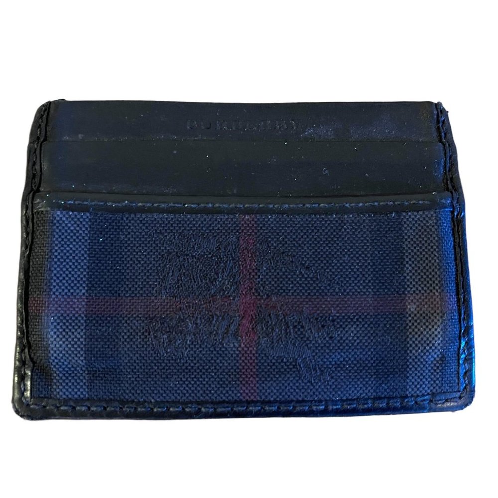 Burberry Vintage Dark Check / Plaid and Leather Card Case Front Pocket Wallet